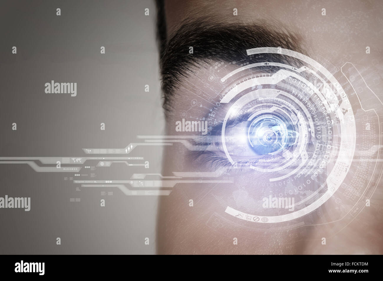 Close up of man eye with digital icons Stock Photo - Alamy