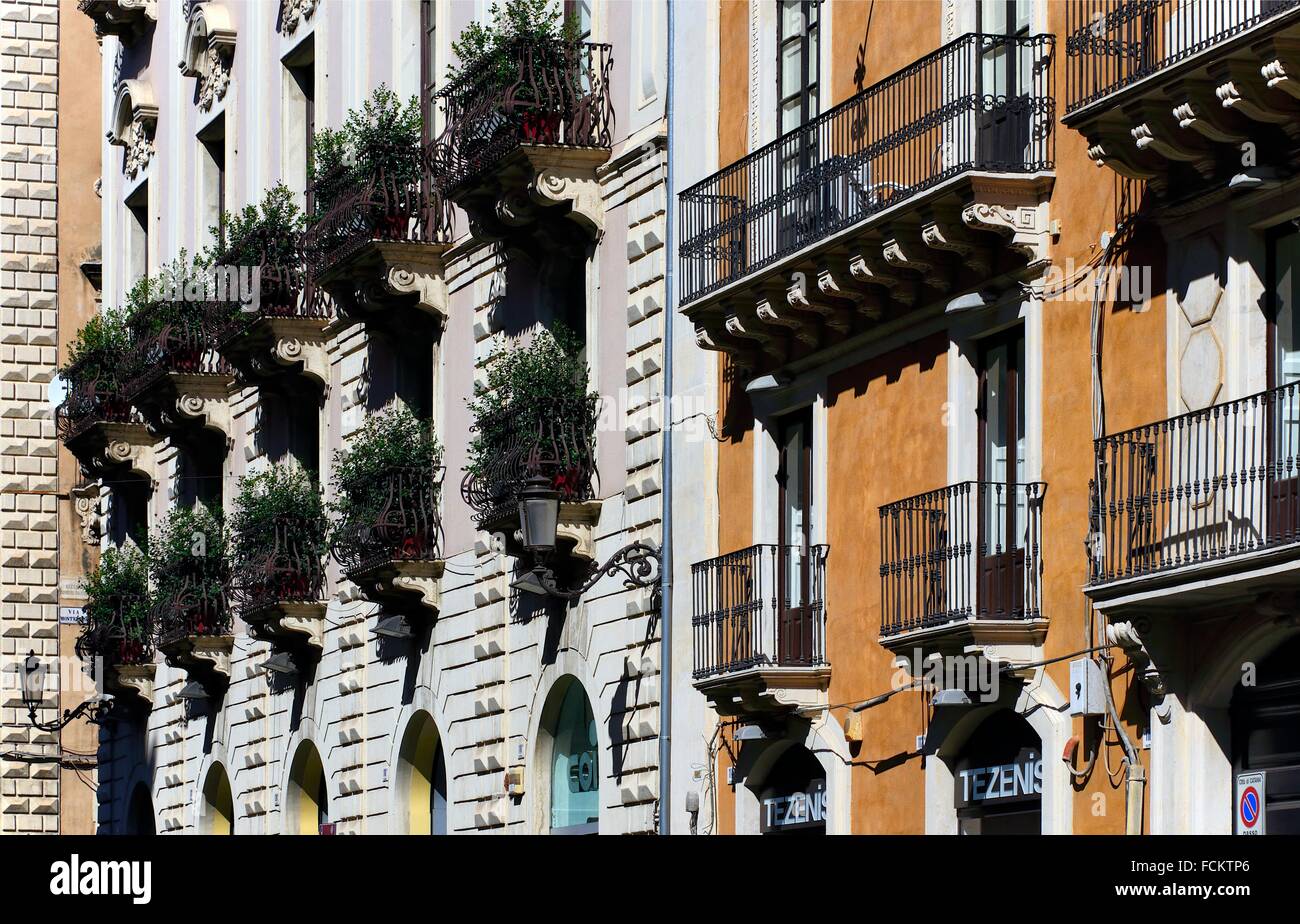 Via Etnea - main commercial street in old town of Catania, facades of residential buildings, Catania, Sicily, Italy Stock Photo
