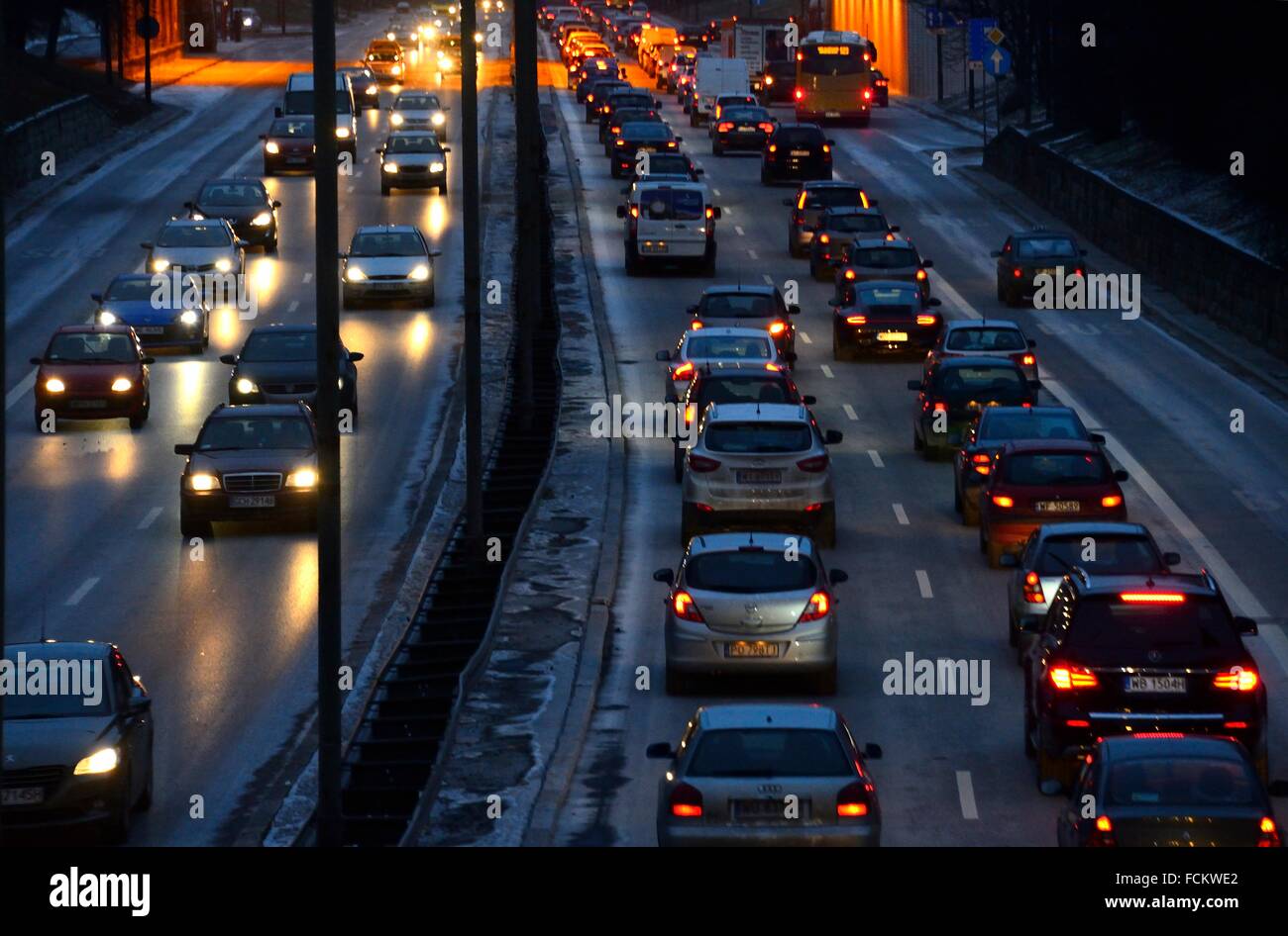 Europe, Poland, Warsaw, traffic at city center at night Stock Photo