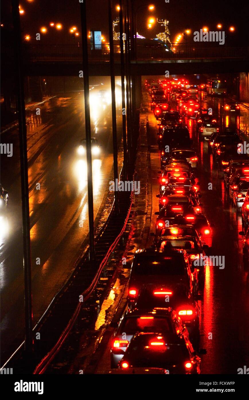 Europe, Poland, Warsaw, traffic at city center at night Stock Photo