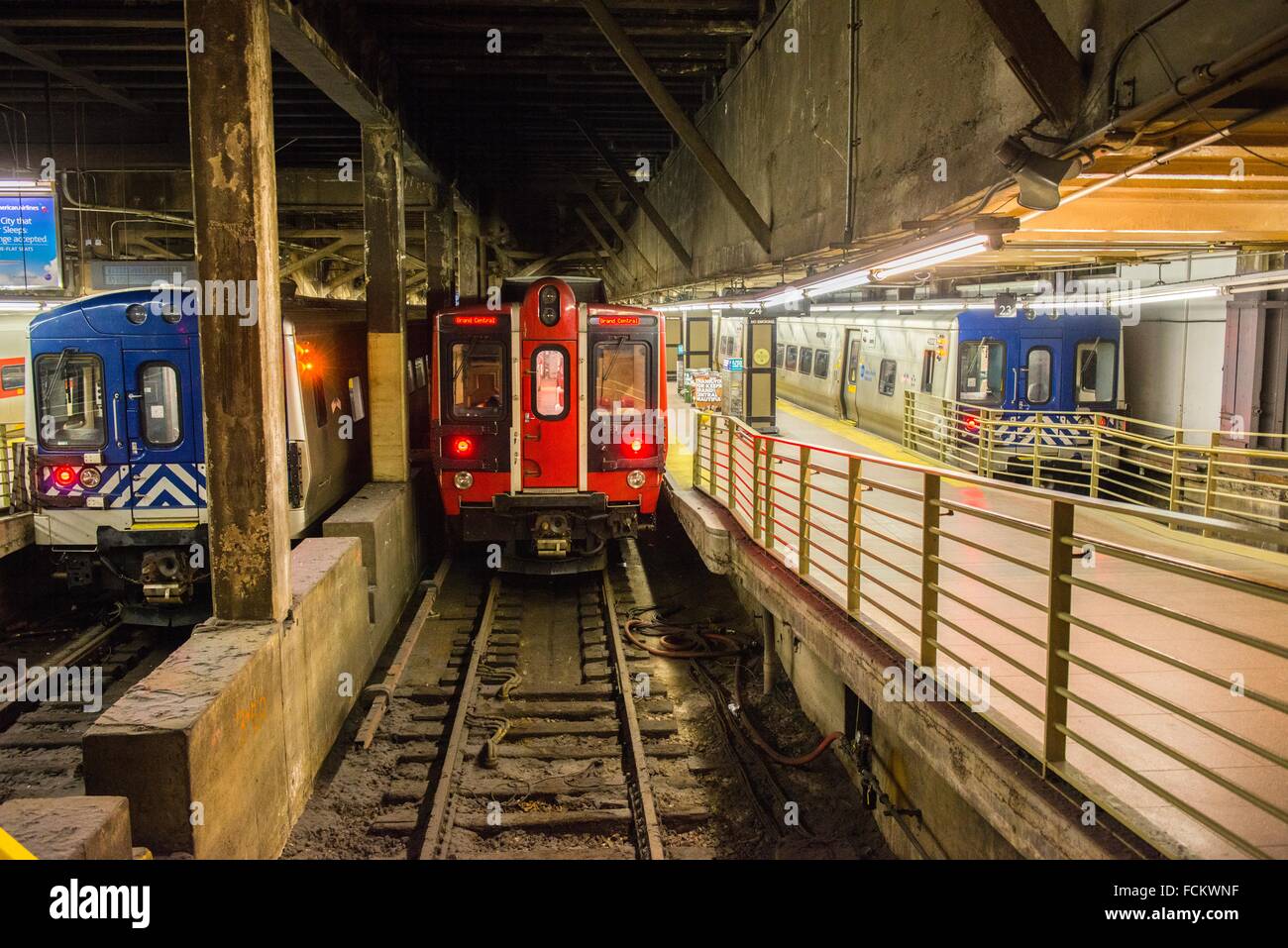 New York, USA. Train & Subway tracks with parked trains on Grand