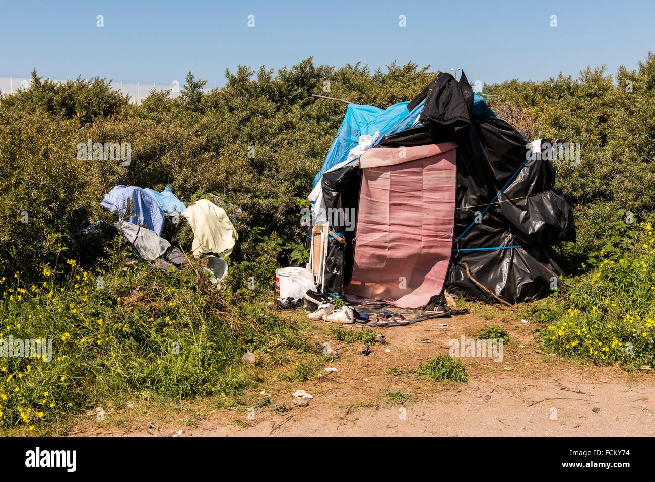 The Jungle, Calais, France. Little shed, build by a refugee or illegal immigrant, inside refugee