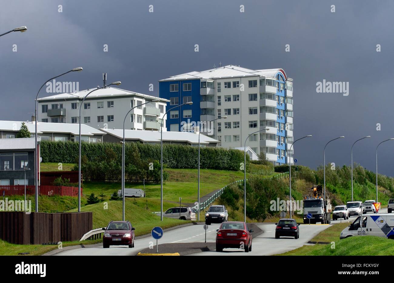 Modern apartment buildings in Hafnarfjordur port town and