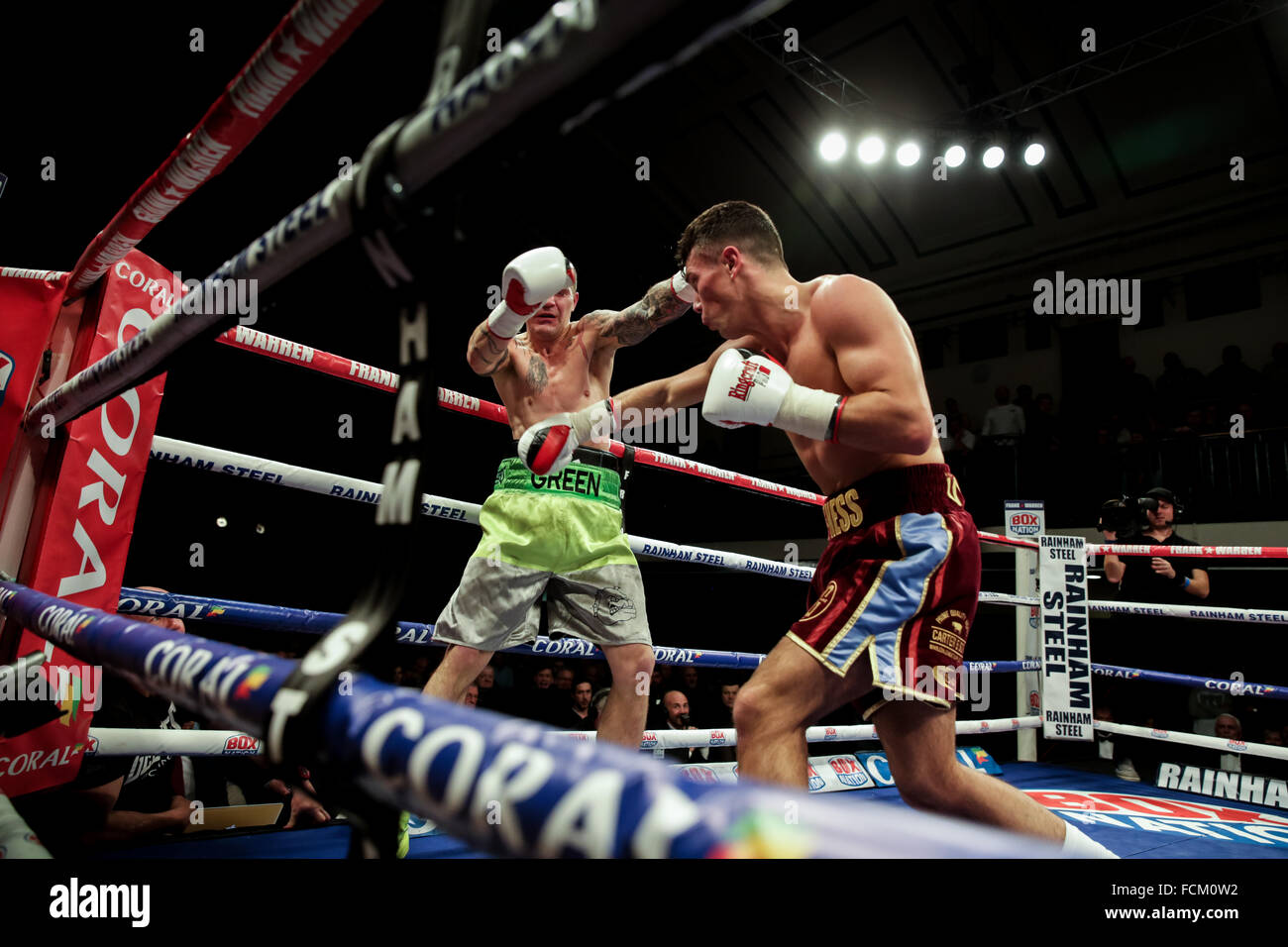 London, UK, 22nd January, 2016. A night of championship boxing at York Hall, England. Sammy Mcness defeats Duane Green in the Super-Welterweight contest. copyright Carol Moir/Alamy Live News Stock Photo