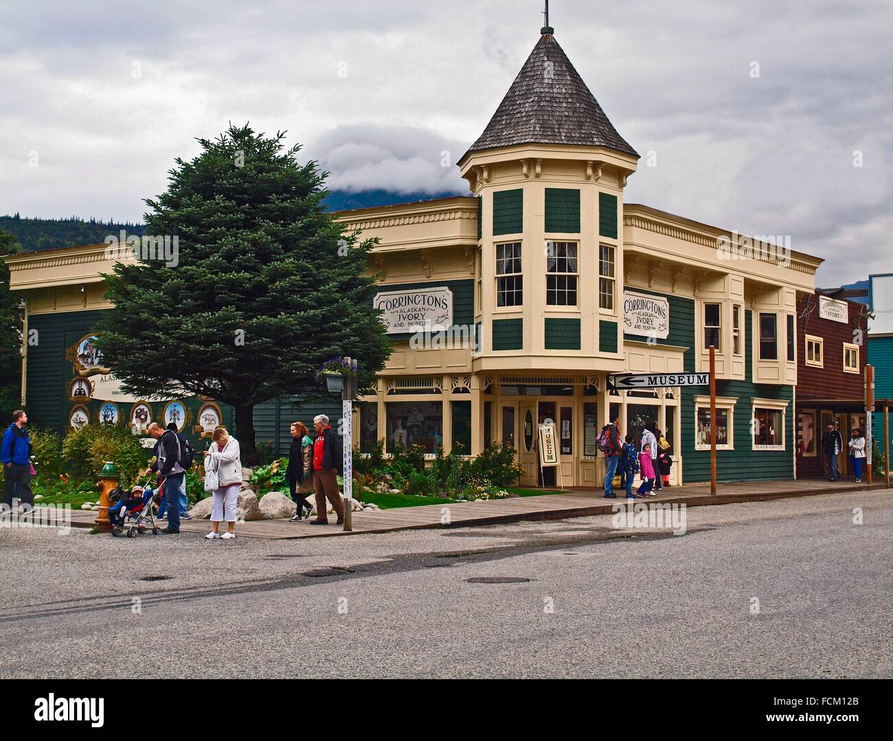 Corner commercial building and museum in Skagway, Alaska Stock Photo