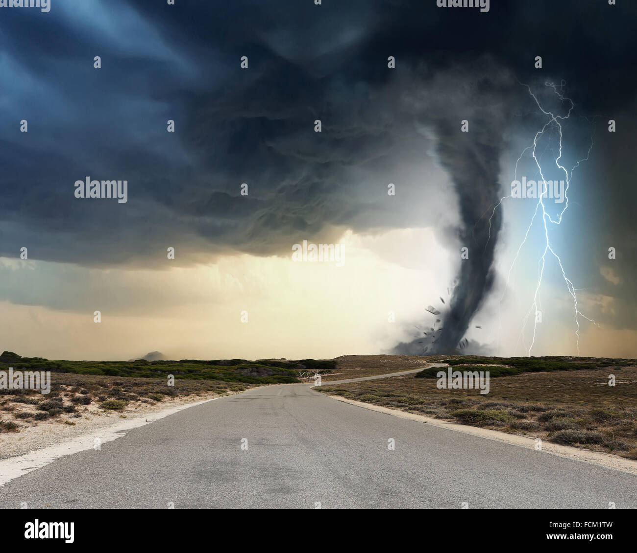 Powerful tornado and lightning above countryside road Stock Photo Alamy