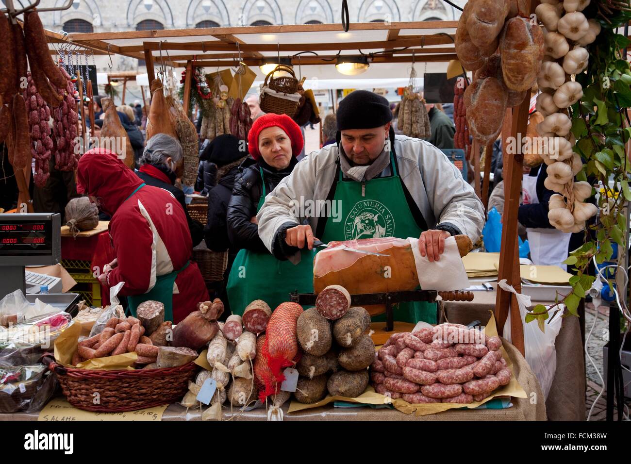 Wild boar cured meats and salami sold on a stall in Siena, Tuscany