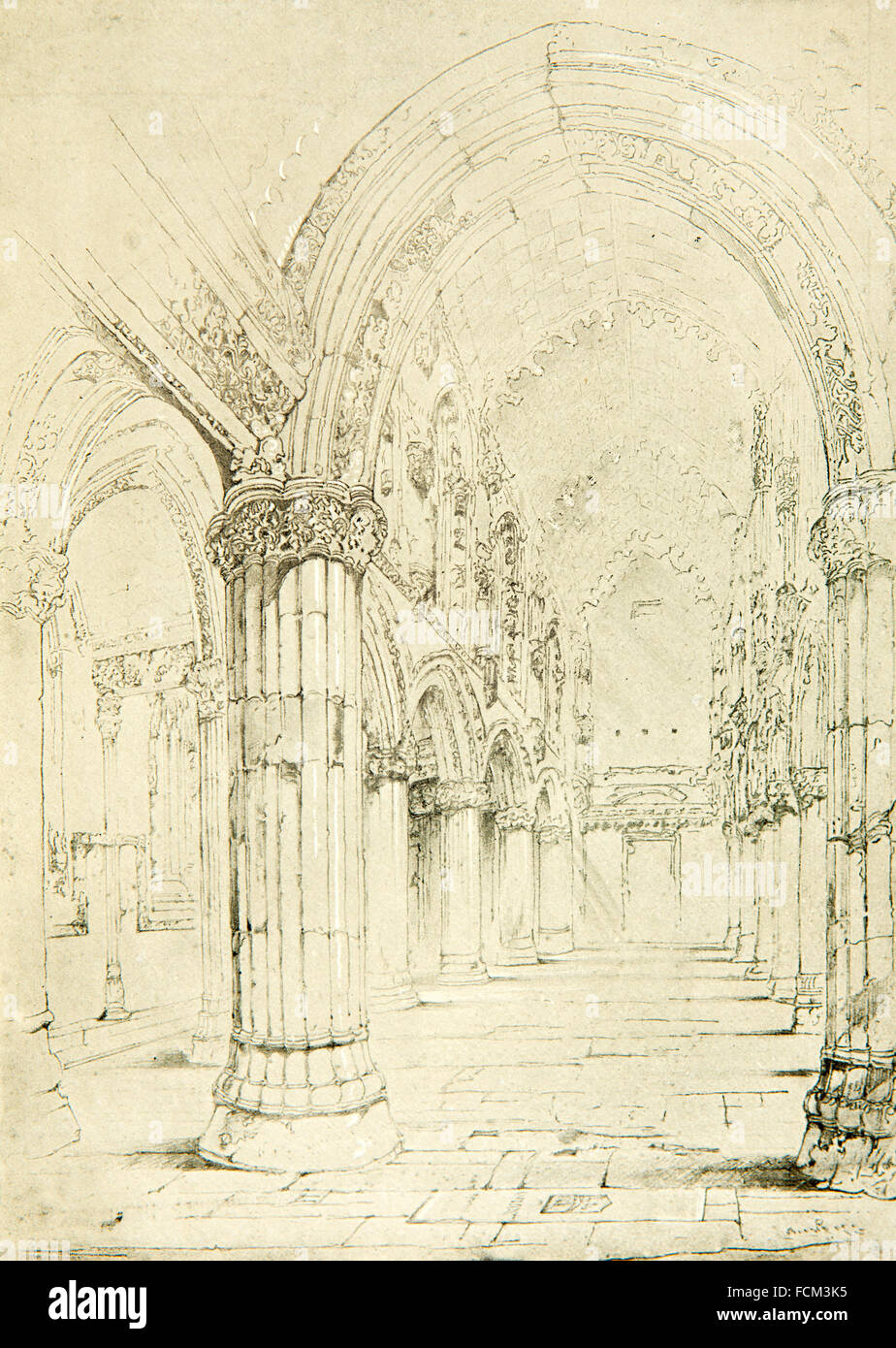 UK, Scotland, Midlothian, Roslin (Rosslyn) Chapel, drawing by Victorian Artist John Ruskin, monochrome halftone illustration Stock Photo