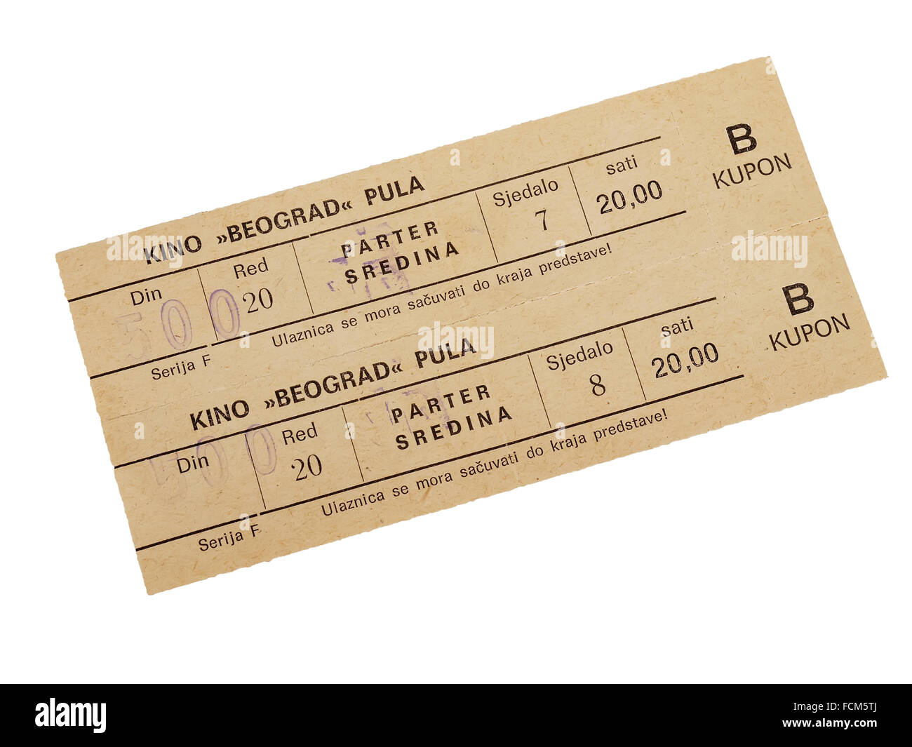 Two old unused cinema tickets for cinema 'Beograd' in Pula, circa 1987 Stock Photo