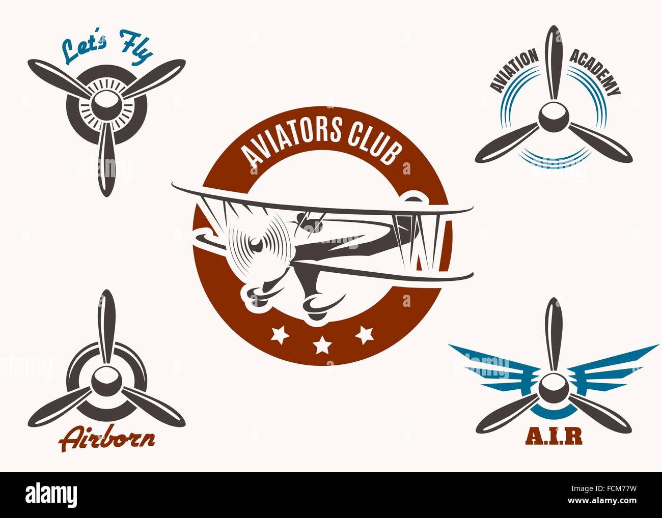 Retro aviation and pilot club badge and label set. Free font used. Isolated on white. Stock Vector