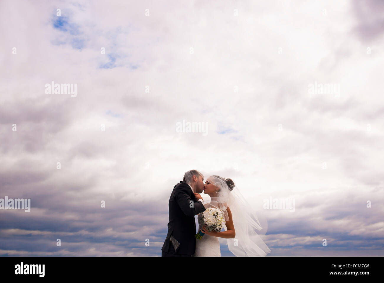 Newlyweds are kissing on the sea pier Stock Photo - Alamy