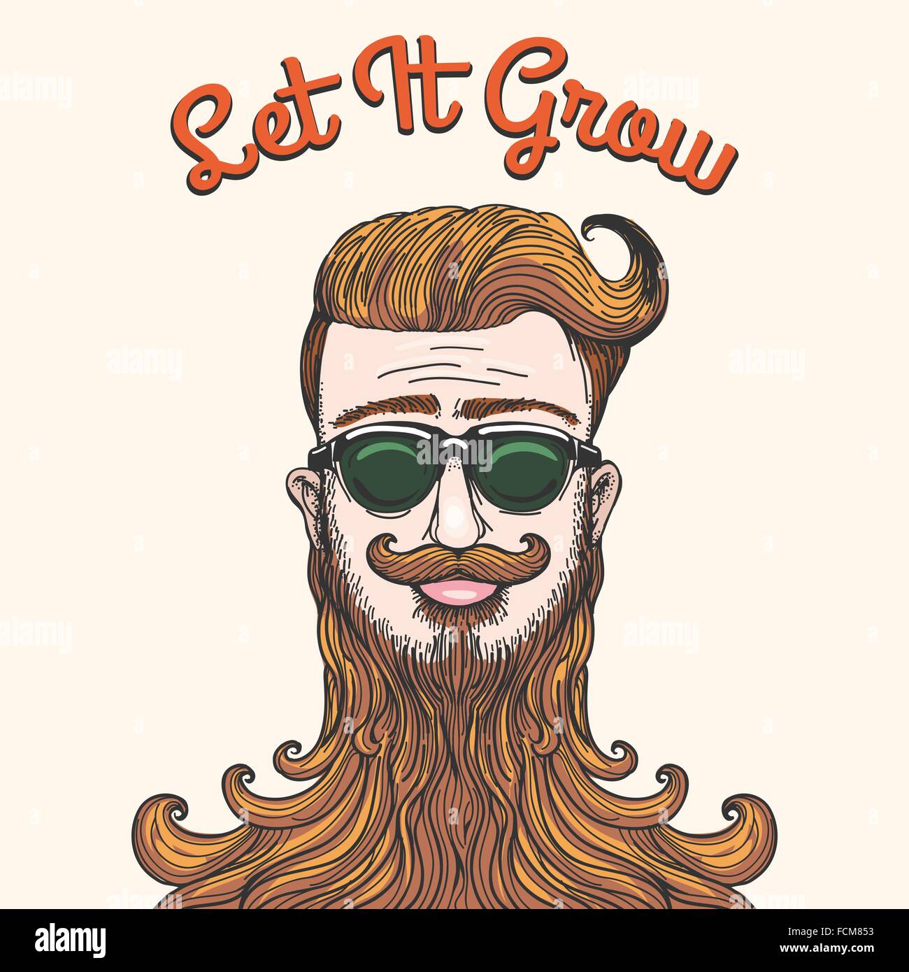 Hipster with huge beard and wording Let It Grow. Humorous Sketch style illustration. Free font used. Stock Vector