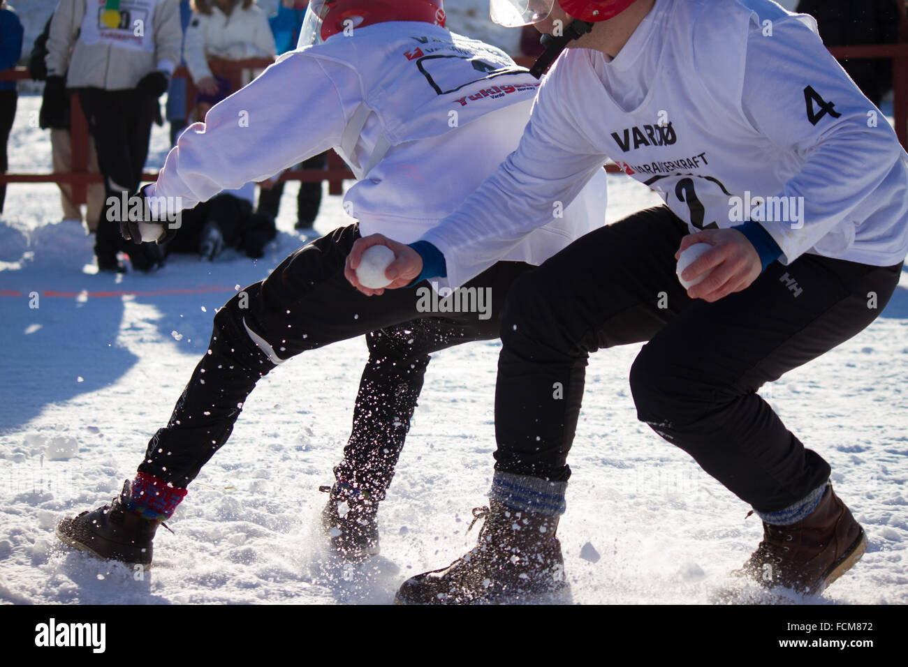 Vardø, Norway, March 21-22 2015. Action from the annual Yukigassen snowball fight where teams compete over two days Stock Photo