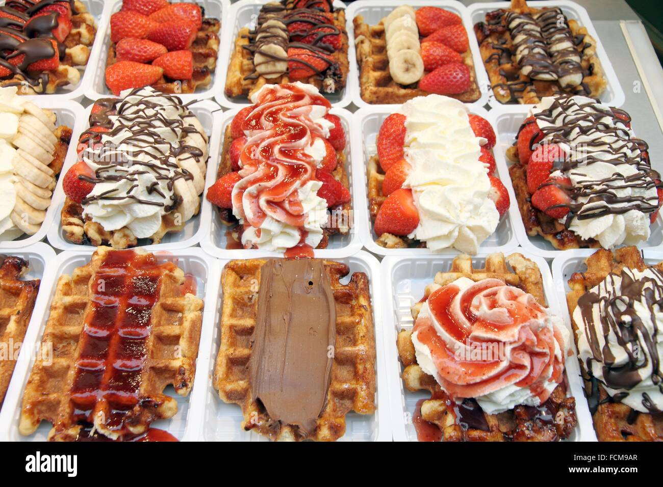 Many waffles on stall in Brussels Belgium Stock Photo Alamy