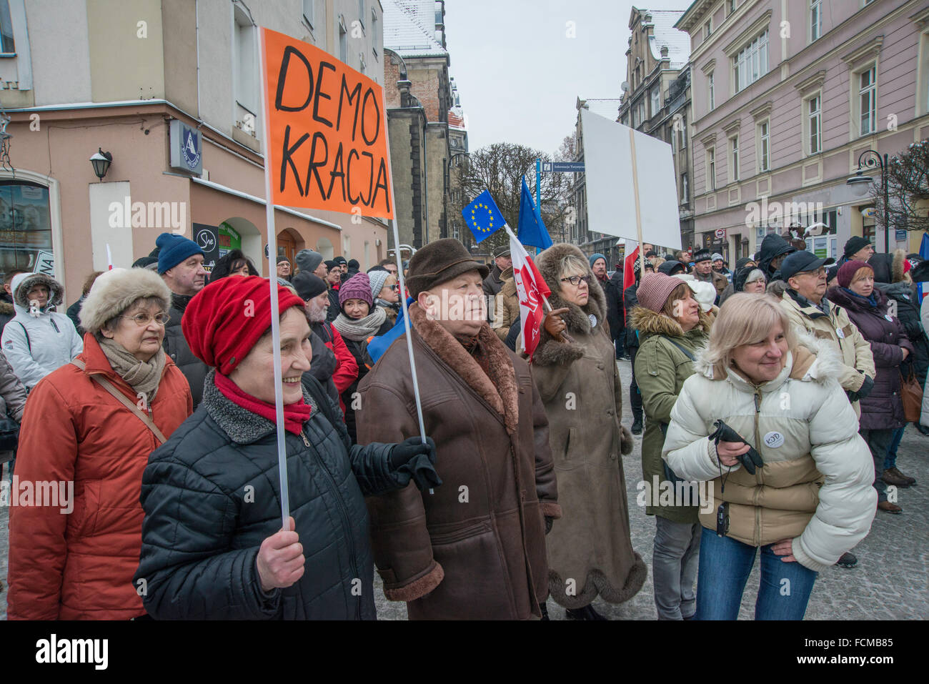 Jelenia Gora, Poland. 23th Jan, 2016. Supporters of Committee to Defend Democracy, protest against 'surveillance law,' new law giving government unlimited right to control citizens phones and internet, in Jelenia Gora, Poland. Credit:  Witold Skrypczak/Alamy Live News Stock Photo