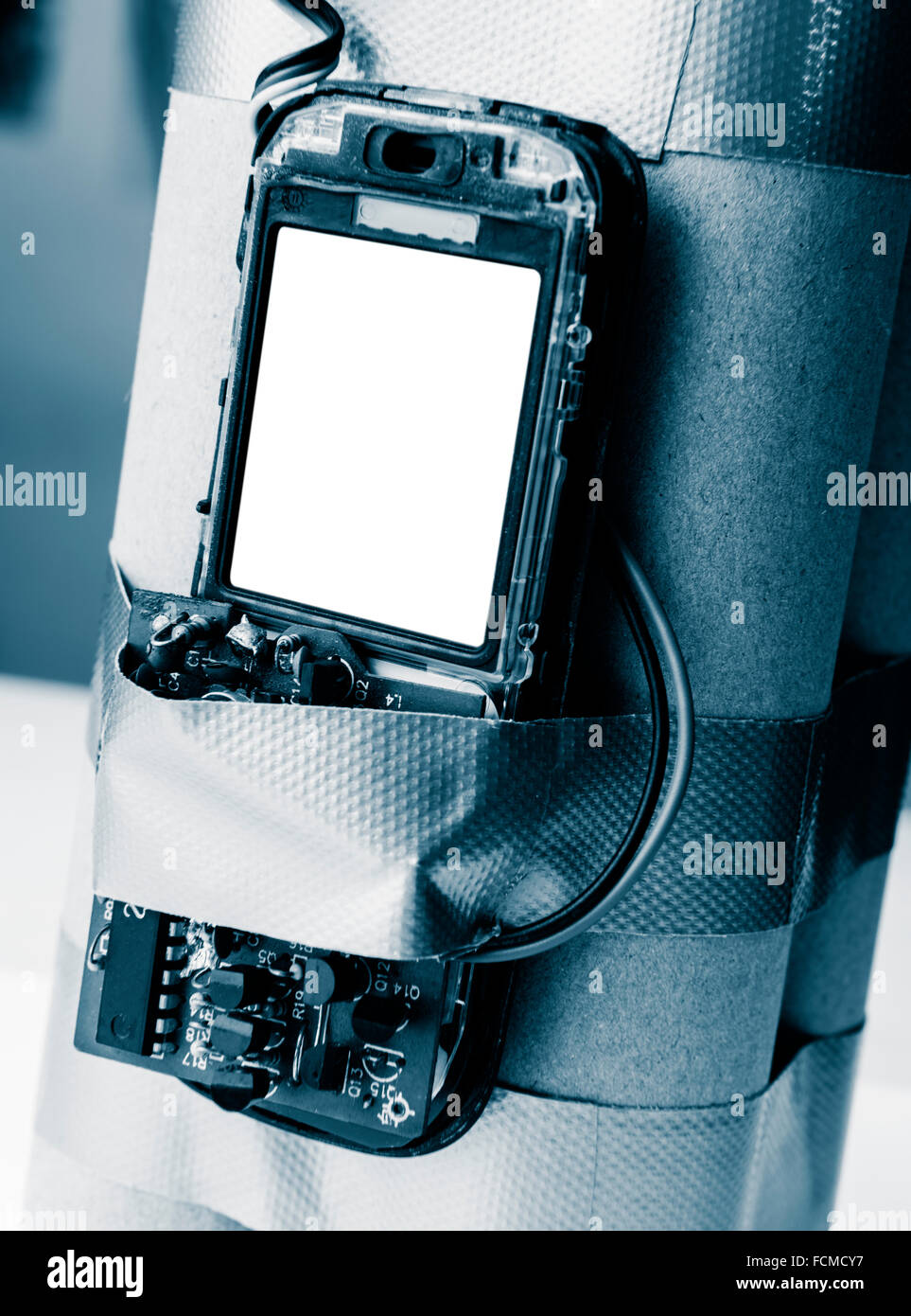 Handmade terrorist bomb in blue colour Stock Photo