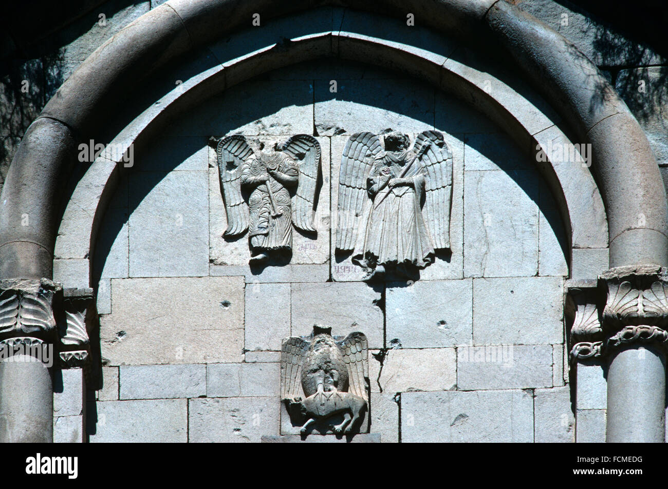 Beheaded Angels and Eagle on the Facade of Osk, Oshki or Osk Vank Ruined c10th Georgian Orthodox Church Monastery, Dedicated to Saint John the Baptist, at Camiliyamac, Artvin, Turkey. Stock Photo