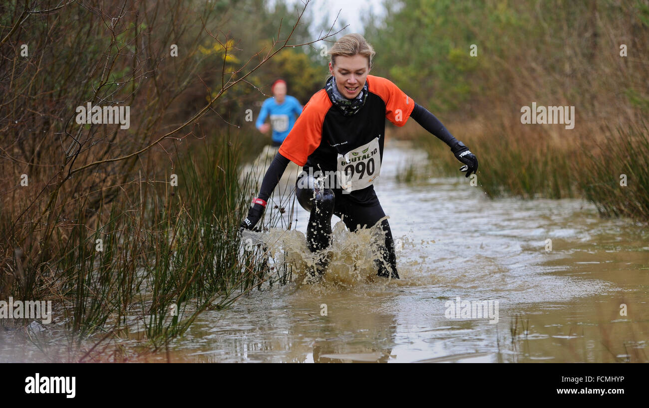 Aldershot, Hants, UK. 23rd January, 2016. Andrea Berquez  makes her way through the flooded streams of the Brutal women only  10km  race at Long valley Aldershot Hampshire having to break the ice as the make there way around the course .  The recent weather made the Brutal 10km off road course live up to its name as the puddles and streams where up to waste height in many places with early runners having to break the ice as they entered the water.  Credit:  PBWPIX/Alamy Live News Stock Photo