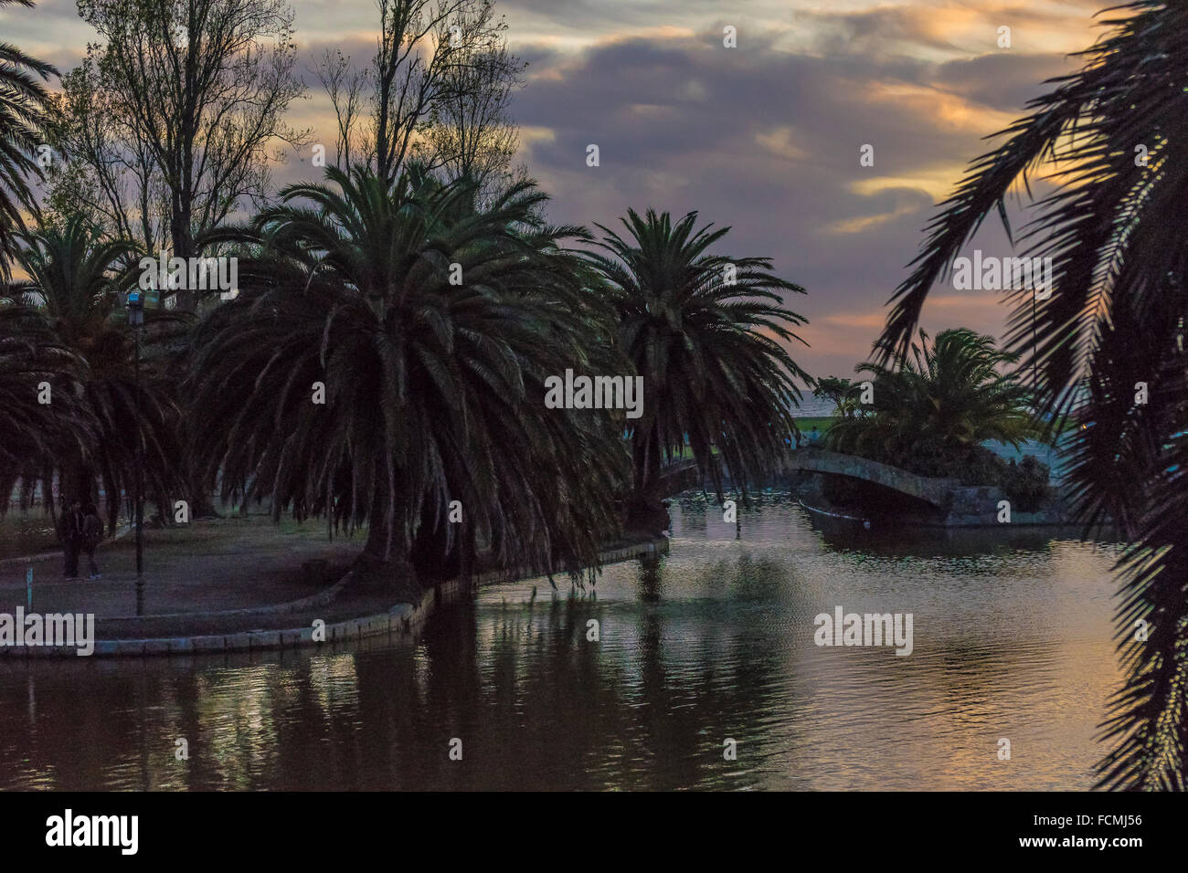 Beautiful sunset urban scene at Parque Rodo park in Montevideo, Uruguay. Stock Photo