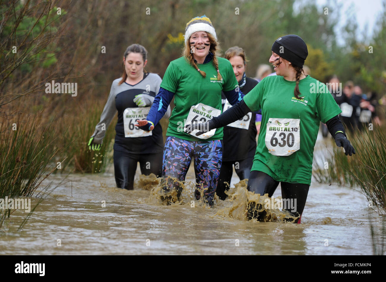 Aldershot, Hants, UK. 23rd January, 2016.  Participants makes there way through the flooded streams of the Brutal women only  10km  race at Long valley Aldershot Hampshire having to break the ice as the make there way around the course .  The recent weather made the Brutal 10km off road course live up to its name as the puddles and streams where up to waste height in many places with early runners having to break the ice as they entered the water.  Credit:  PBWPIX/Alamy Live News Stock Photo