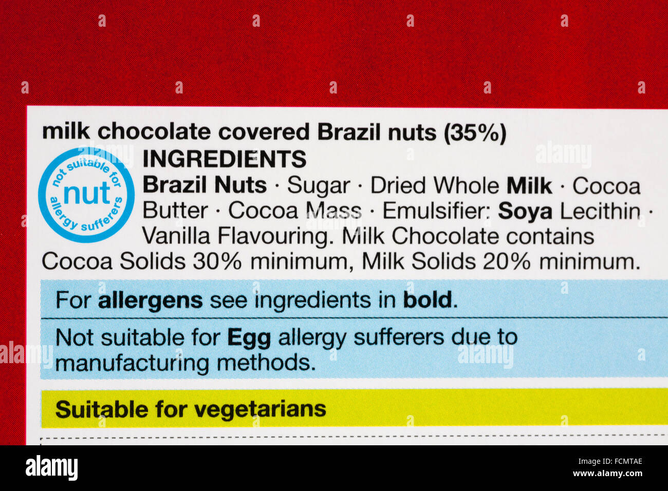 Ingredients and allergens information on box of milk chocolate covered Brazil nuts Stock Photo