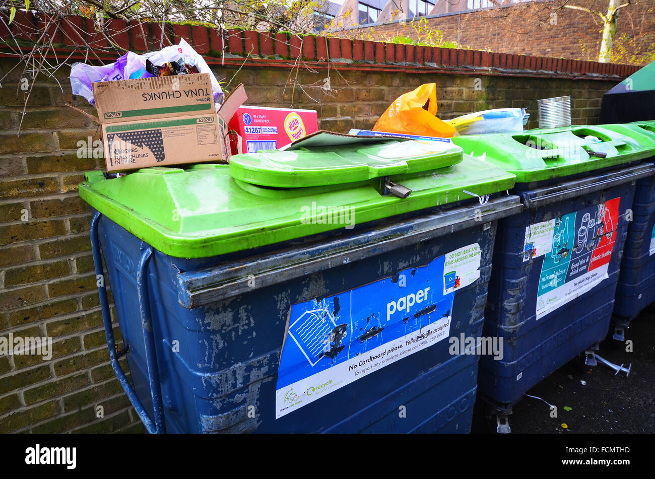 Rubbish left on top of recycle bins Wanstead, London E11 Stock Photo