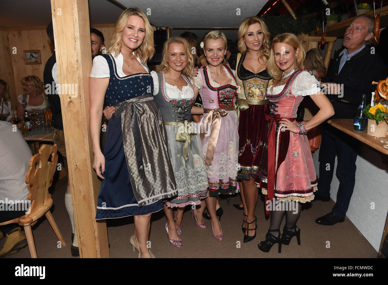 Pregnant model Monica Ivancan (l-r), TV host Nova Meierhenrich, doctor Barbara Sturm, TV host Verena Kerth and designer Sonja Kiefer posing at the 25th Weisswurst party at Stanglwirt hotel in Going, Austria, 22 January 2016. Photo: Felix Hoerhager/dpa Stock Photo