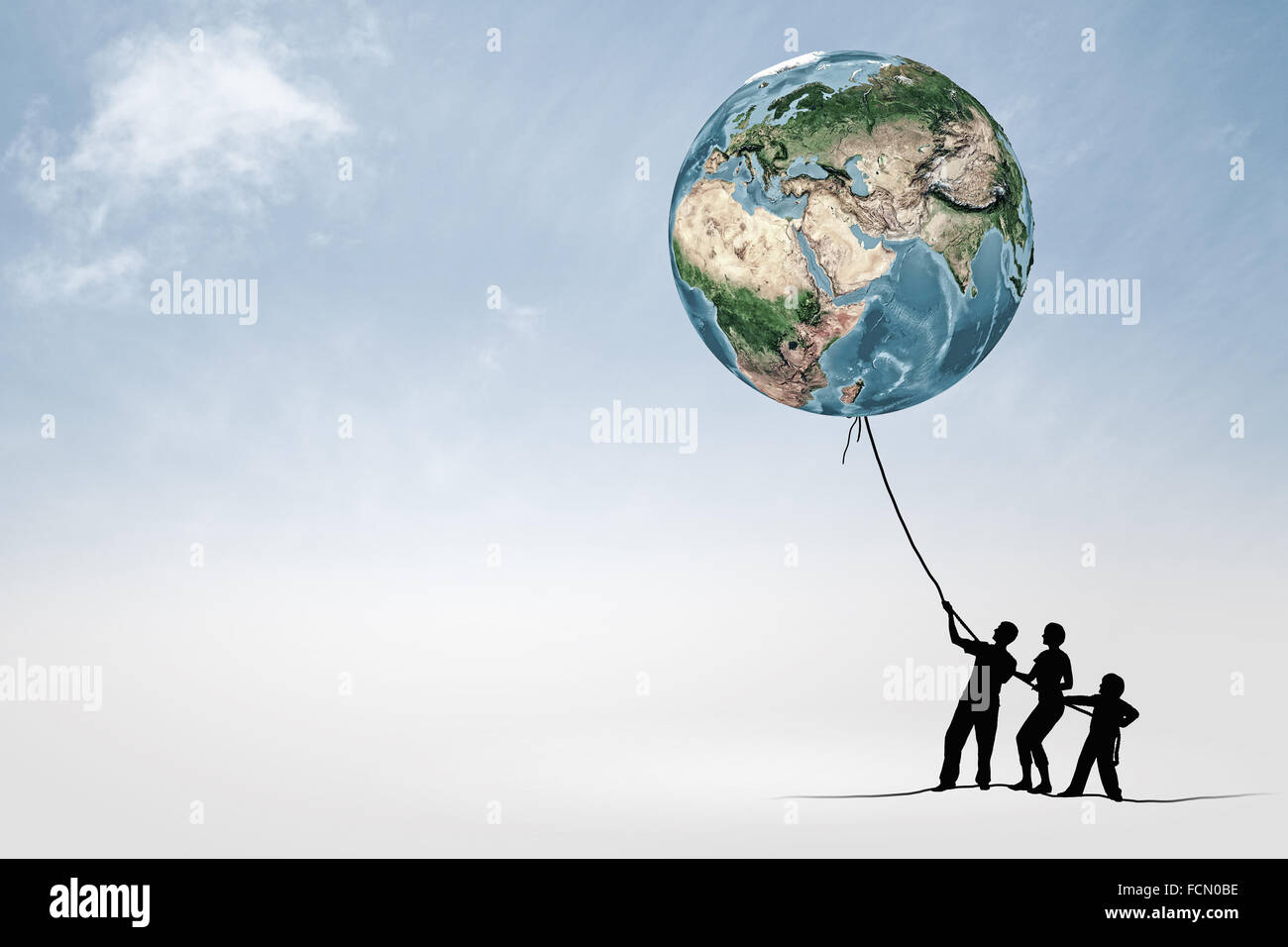 Silhouettes of people pulling Earth plane with rope. Elements of this ...