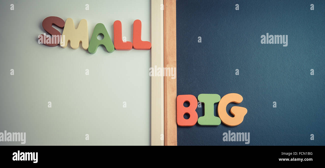 Wooden word SMALL and BIG on black board and white board in Vintage ...