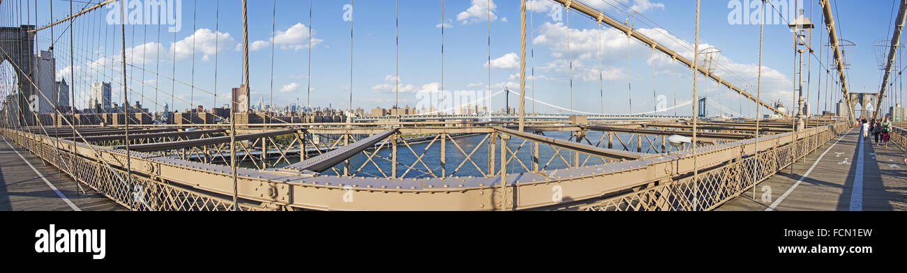 New York, Usa: panoramic view of the Brooklyn Bridge, icon of the city, hybrid cable stayed suspension bridge with a main span of 1,595.5 feet Stock Photo