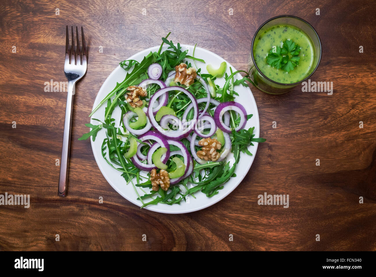 Salad and green smoothie made of sirtfoods, foods which activate sirtuin Stock Photo