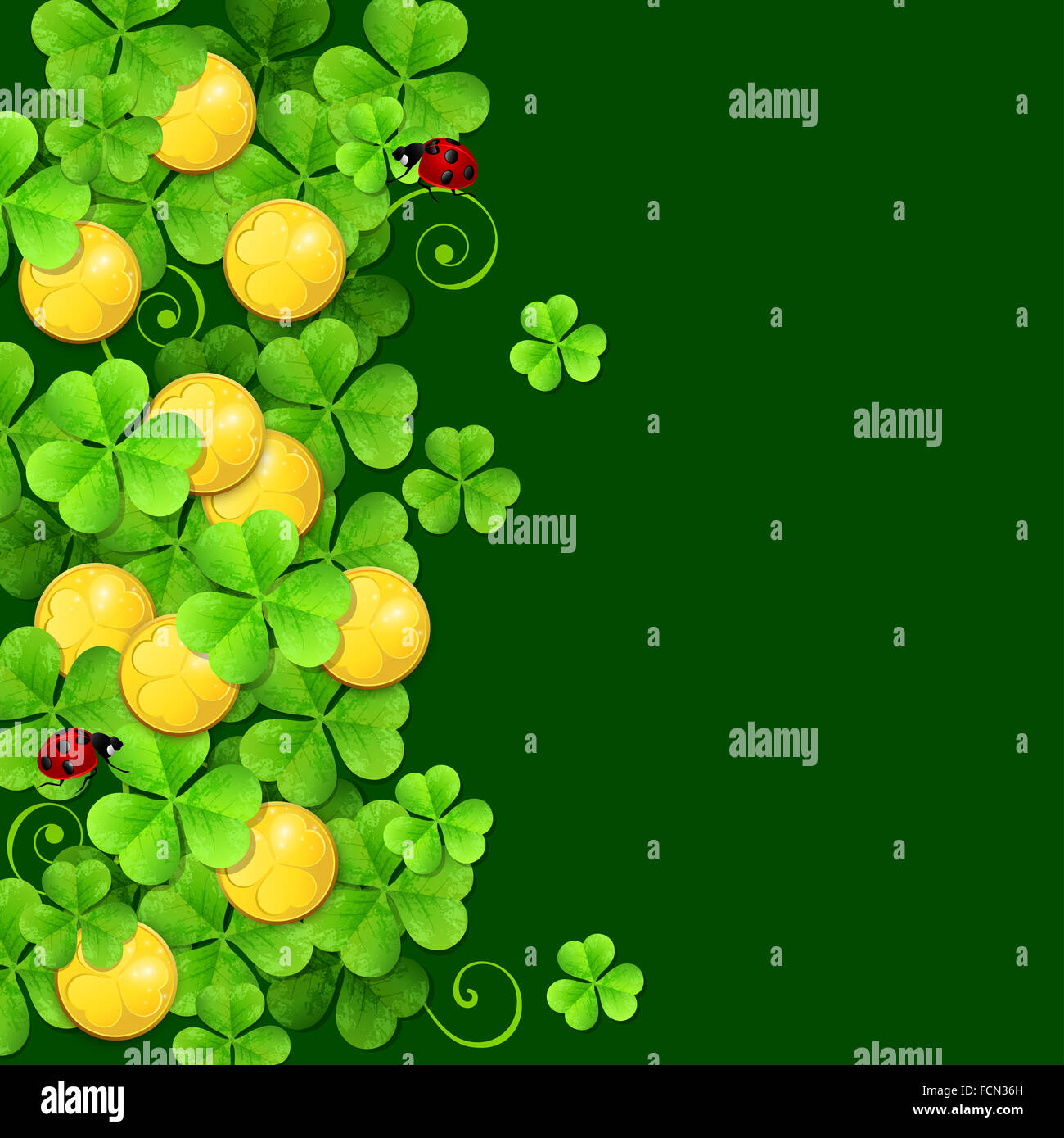 Green background with clover leaves and golden coins for St. Patrick's ...