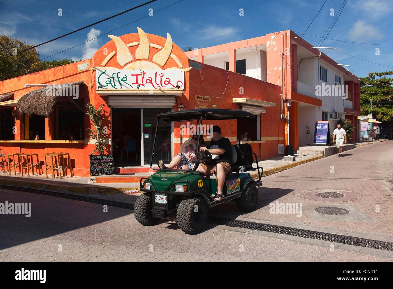 Tourst in a golf cart at town center, Isla Mujeres, Cancun, Quintana