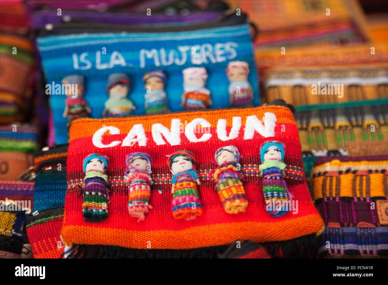 Colorful souvenirs at the market stall in town center, Isla Mujeres
