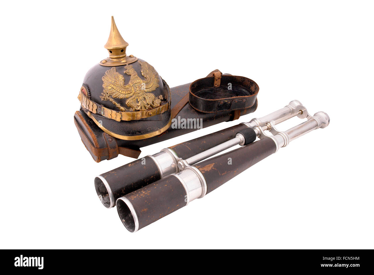 19th century binocular of dirigible (Zeppelin) captain with leather case. Germany, France. Stock Photo