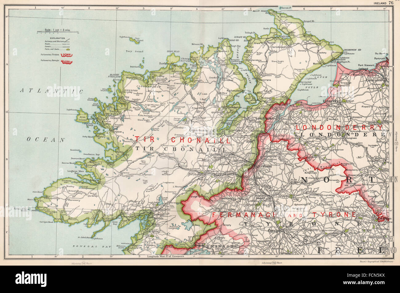 ULSTER: Ireland; Tir Chonaill Londonderry Tyrone. Constituencies. BACON 1936 map Stock Photo