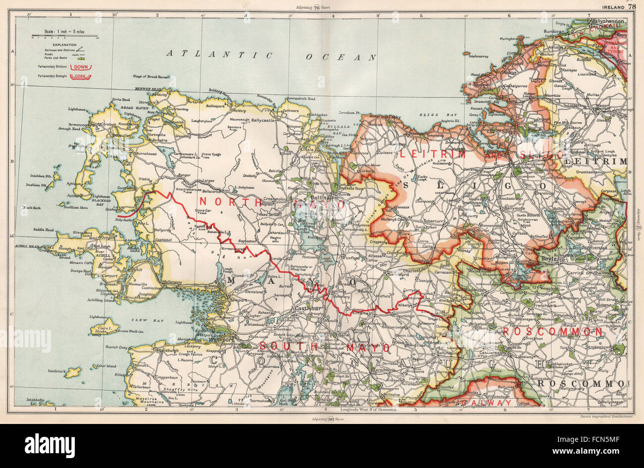 Map Of Sligo And Mayo Connaught:ireland.sligo Roscommon Mayo.parliamentary Divisions.bacon, 1936  Map Stock Photo - Alamy