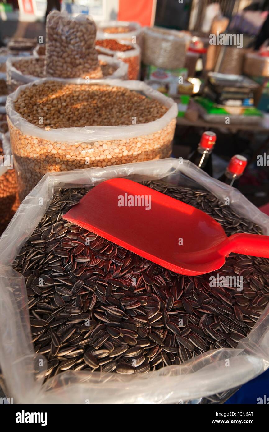 Sunflower seeds in sacks for sale at Selcuk market, Izmir Province, Aegean Coast, Turkey, Europe