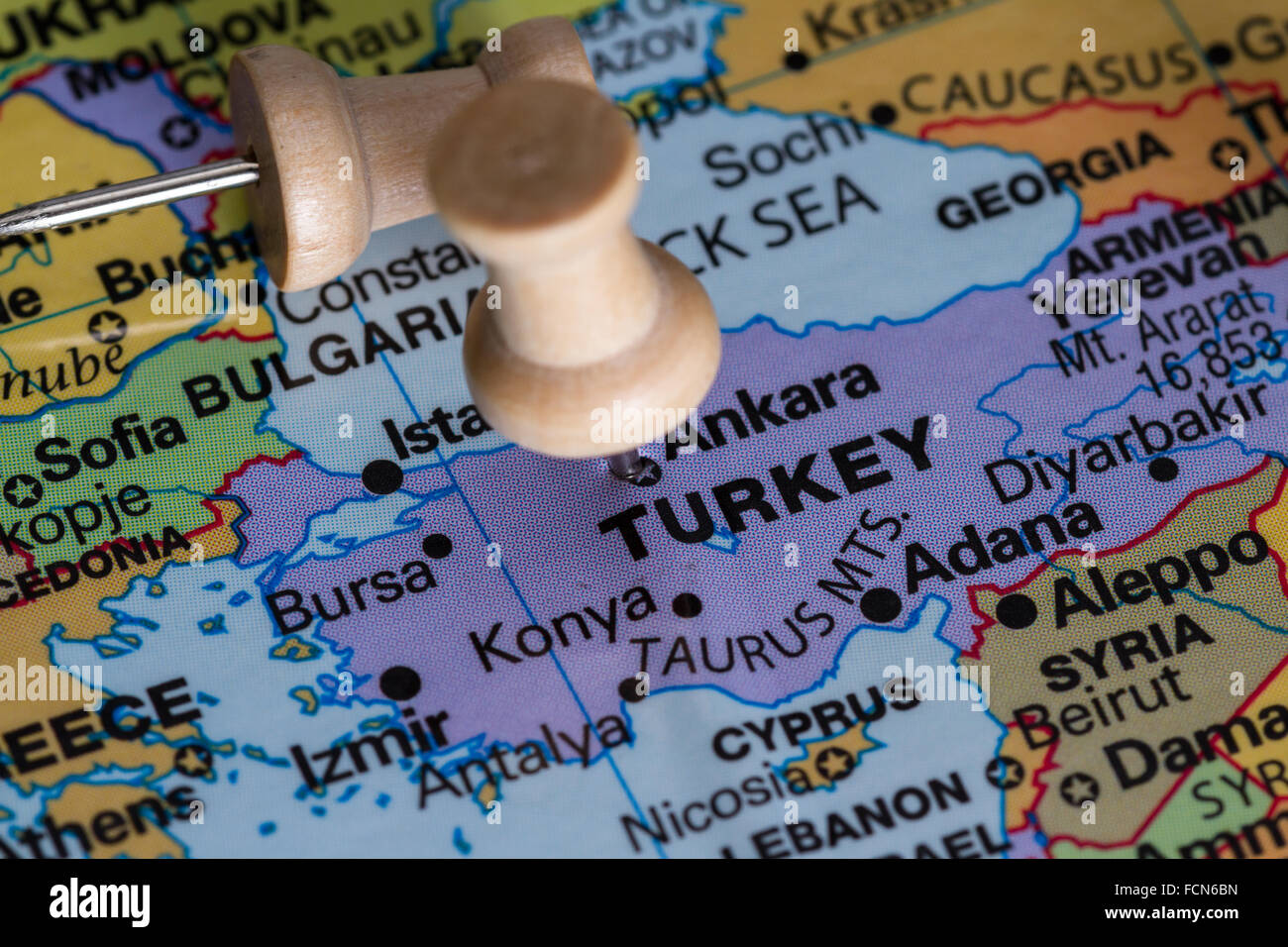 Close up of a world map focused on the country of Turkey as a concept Stock Photo