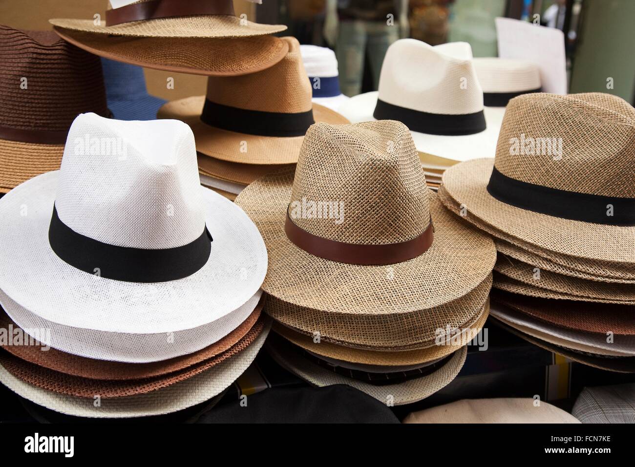 Panama hats for sale at the entrance of a shop, Palermo, Sicily, Italy,  Europe Stock Photo - Alamy