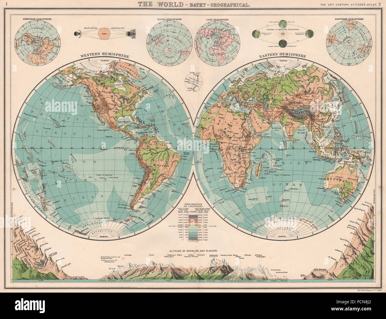 WORLD TWIN HEMISPHERES: Relief map. Mountains eclipses snowline seasons 1901 Stock Photo