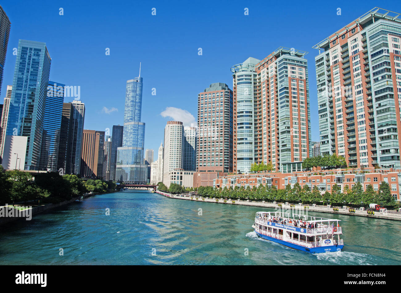 Chicago, Michigan Lake, Illinois, United States of America, Usa, canal cruise on Chicago River, skyline and Trump tower Stock Photo