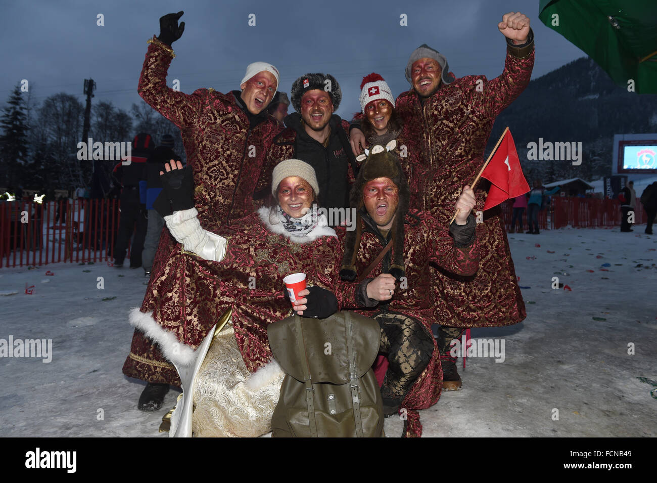 Kitzbuehel, Austria. 23rd Jan, 2013. Swiss fans pictured after the Hahnenkamm race in Kitzbuehel, Austria, 23 January 2013. PHOTO: FELIX HOERHAGER/DPA/Alamy Live News Stock Photo