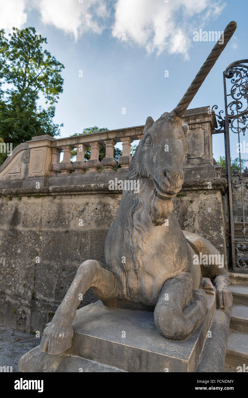 Unicorn statue closeup in Mirabell Gardens in Salzburg, Austria. Stock Photo
