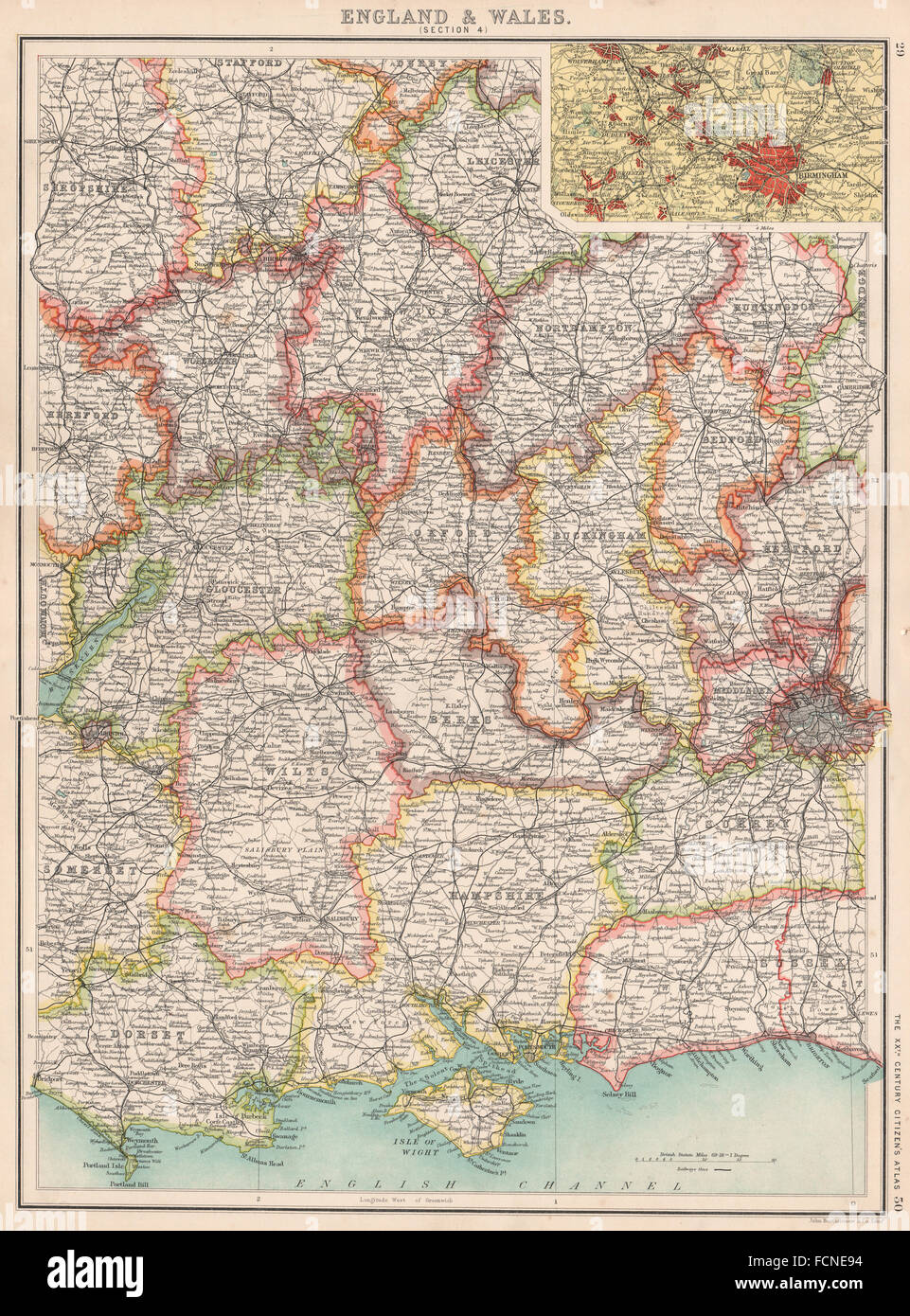 ENGLAND SOUTH: Thames Valley Midlands S Coast Cotswolds. Birmingham, 1901 map Stock Photo