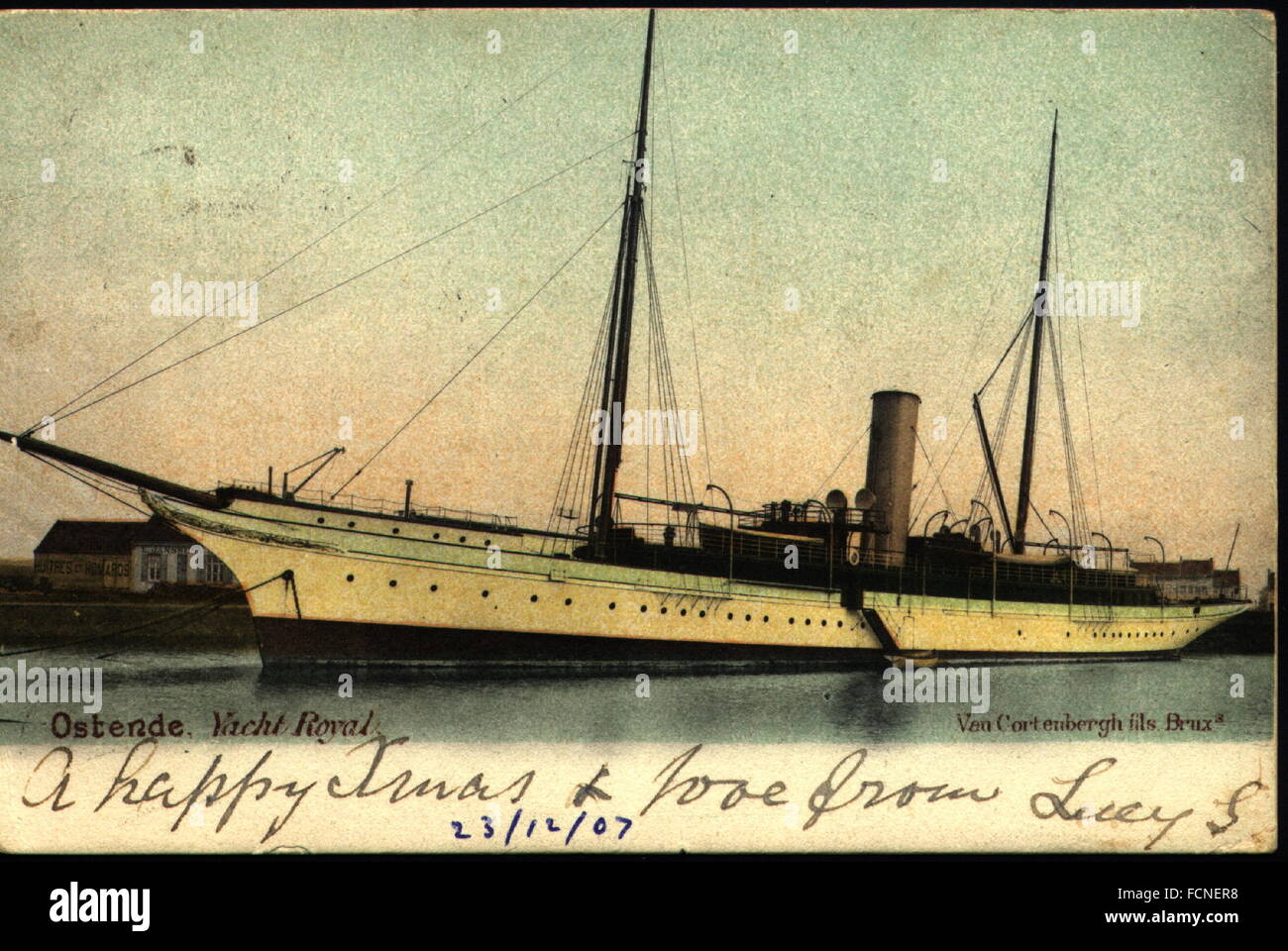 AJAXNETPHOTO. 1907. OSTENDE, BELGIUM. - ROYAL YACHT - KING LEOPOLD II'S STEAM YACHT ALBERTA DEPICTED IN A POSTCARD DATED 1907. THE YACHT WAS DESIGNED BY GEORGE LENNOX WATSON, BUILT IN SCOTLAND BY AILSA SHIPBUILDING CO FOR PHILADELPHIA BANKER DREXEL AND NAMED MARGARITA.     PHOTO:AJAX VINTAGE PICTURE LIBRARY  REF:ROYAL YACHTS BEL 1907. Stock Photo