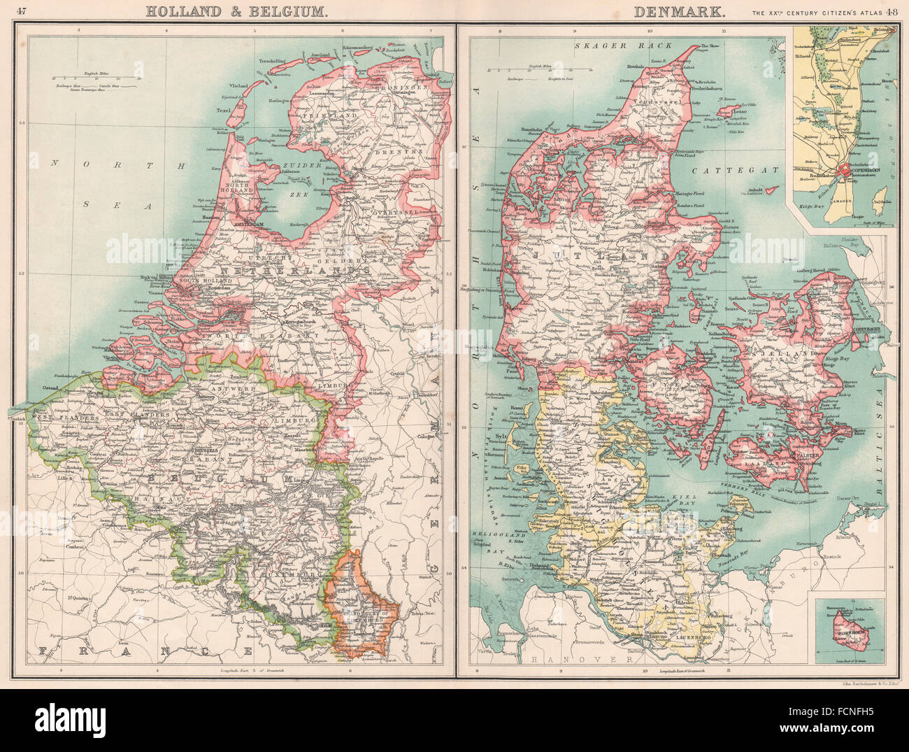 BENELUX/DENMARK:Holland Belgium Schleswig-Holstein.Copenhagen Bornholm, 1901 map Stock Photo