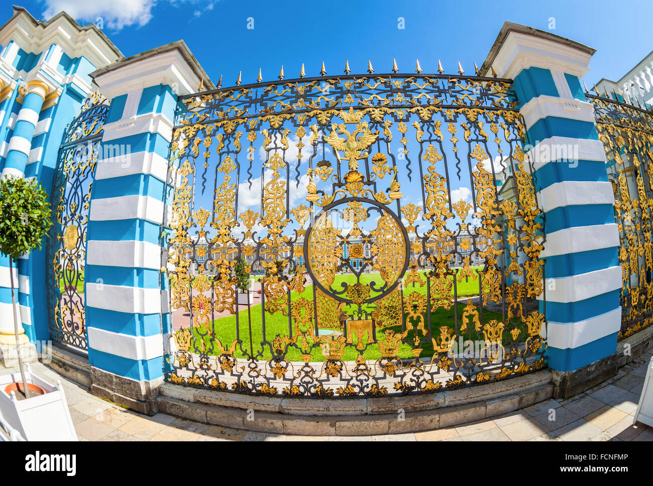 Openwork gate of Catherine Palace - the summer residence of the Russian tsars. Stock Photo
