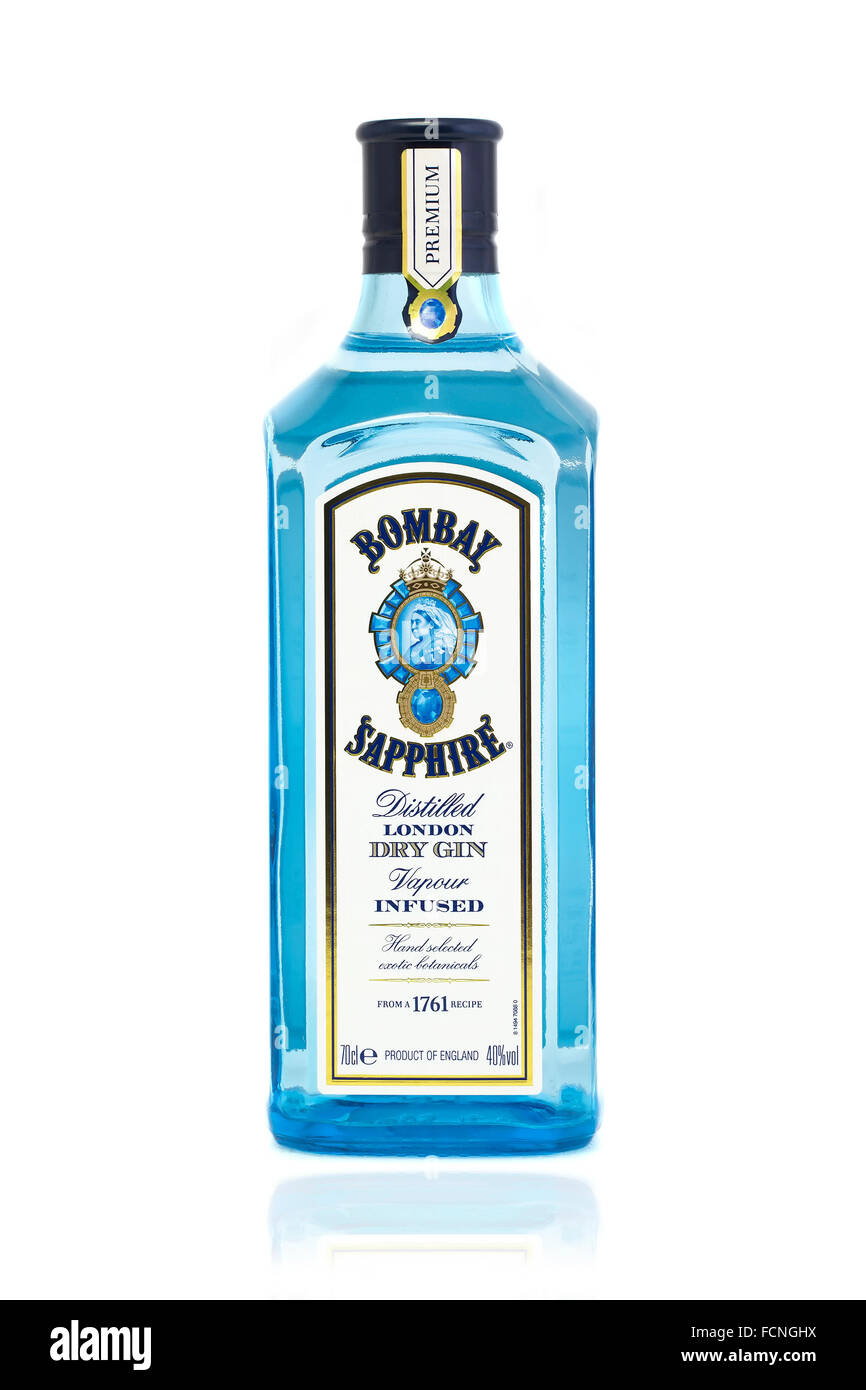 Bottle of Bombay Sapphire Gin on A White Background Stock Photo