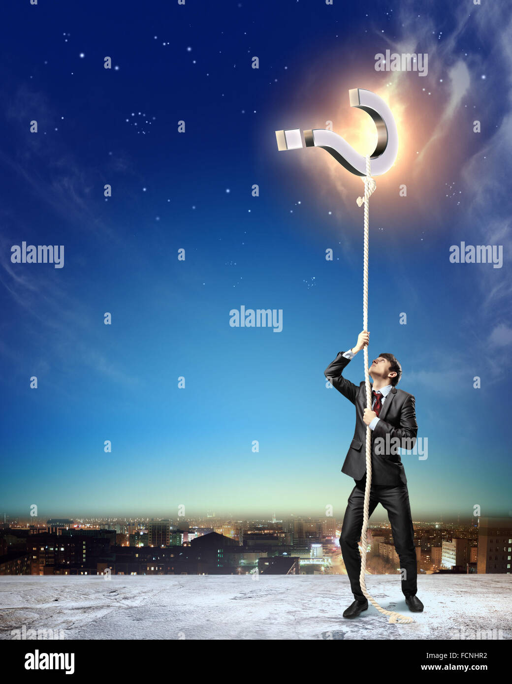 Question Man Rope Image of businessman climbing rope attached to question sign aloft ...